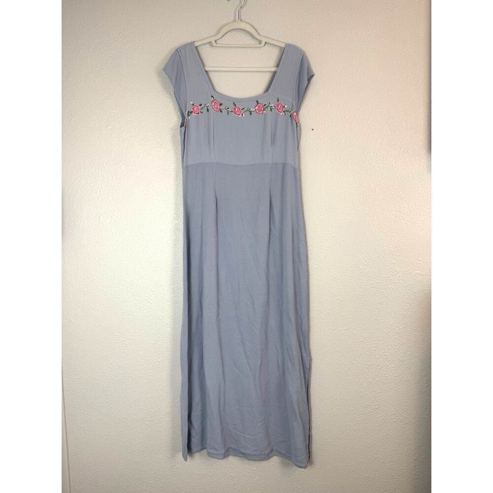 Vintage Johnny Was Embroidered Midi Dress Blue Boho Floral Large
